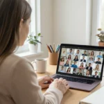 A woman is having a virtual meeting with the custom team for closet planning.