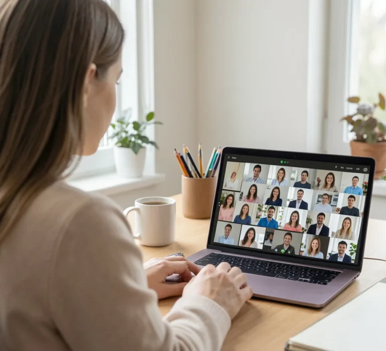 A woman is having a virtual meeting with the custom team for closet planning.