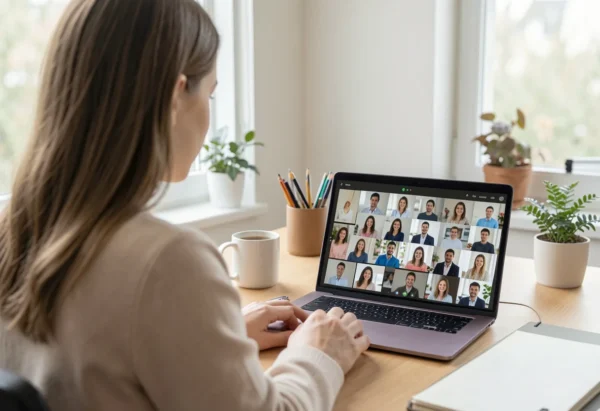 A woman is having a virtual meeting with the custom team for closet planning.