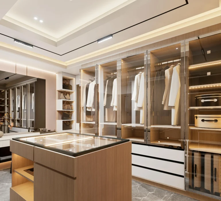 A modern his-and her walk-in closet with a center island and storage for accessories and shoes.