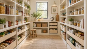 Bright walk-in pantry with open shelves, lower pull-out drawers, a central aisle and a countertop with a stand mixer.