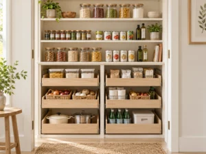 Pantry with jars and cans on shallow upper shelves and deeper pull-out drawers holding bulk supplies and cookware.