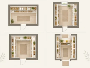 Four pantry layout diagrams showing single-wall, facing-wall, U-shaped and walk-through arrangements.
