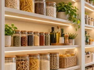 Under-shelf LED strips illuminating glass jars, spices and oil bottles on organized pantry shelves.