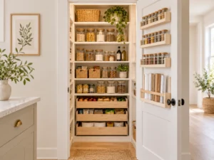 Compact closet pantry with shallow shelves, wooden pull-out drawers and door-mounted racks for spices and kitchen wraps.