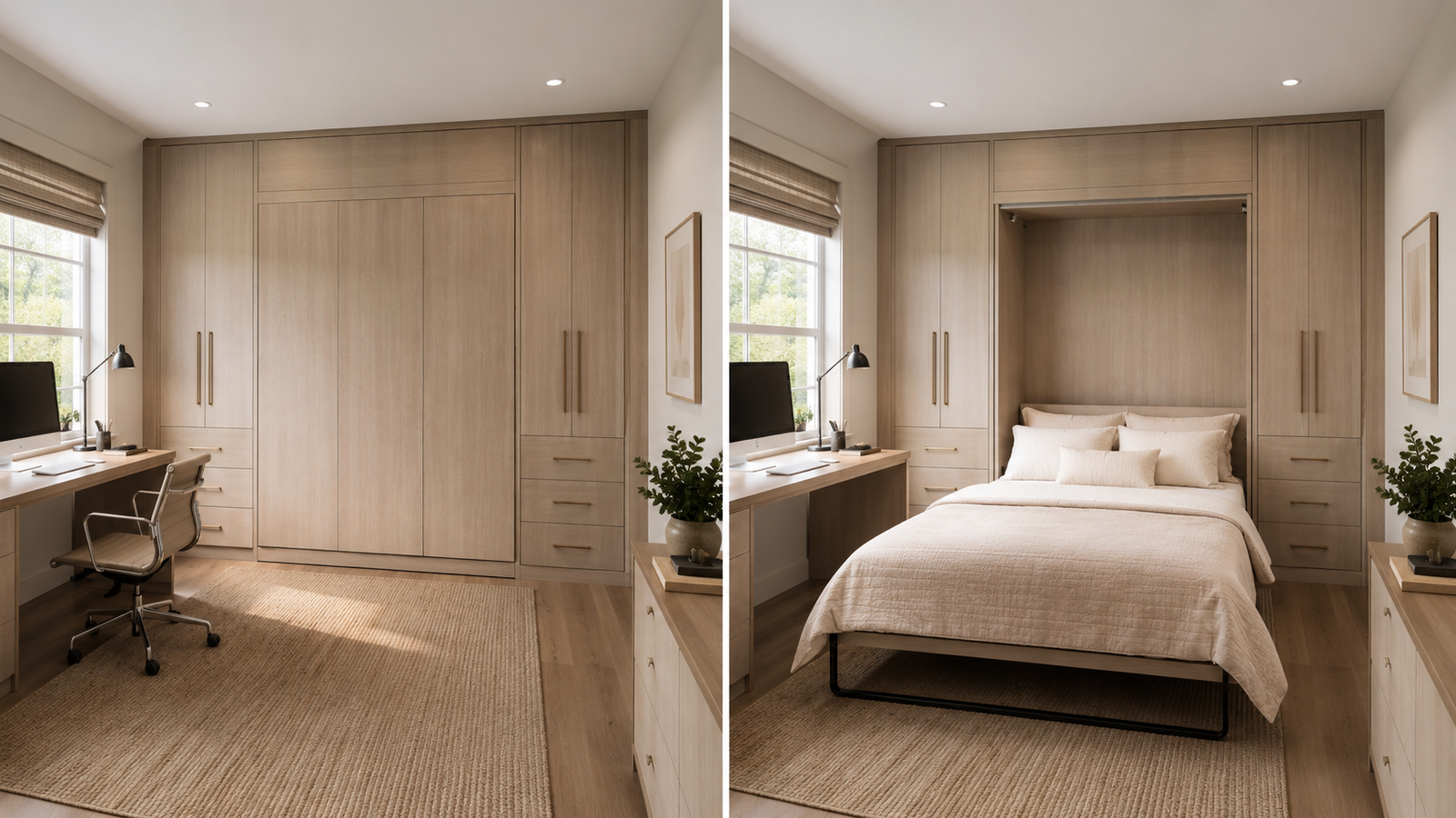 Built-in wall bed shown closed as a home office and folded down as a guest bed