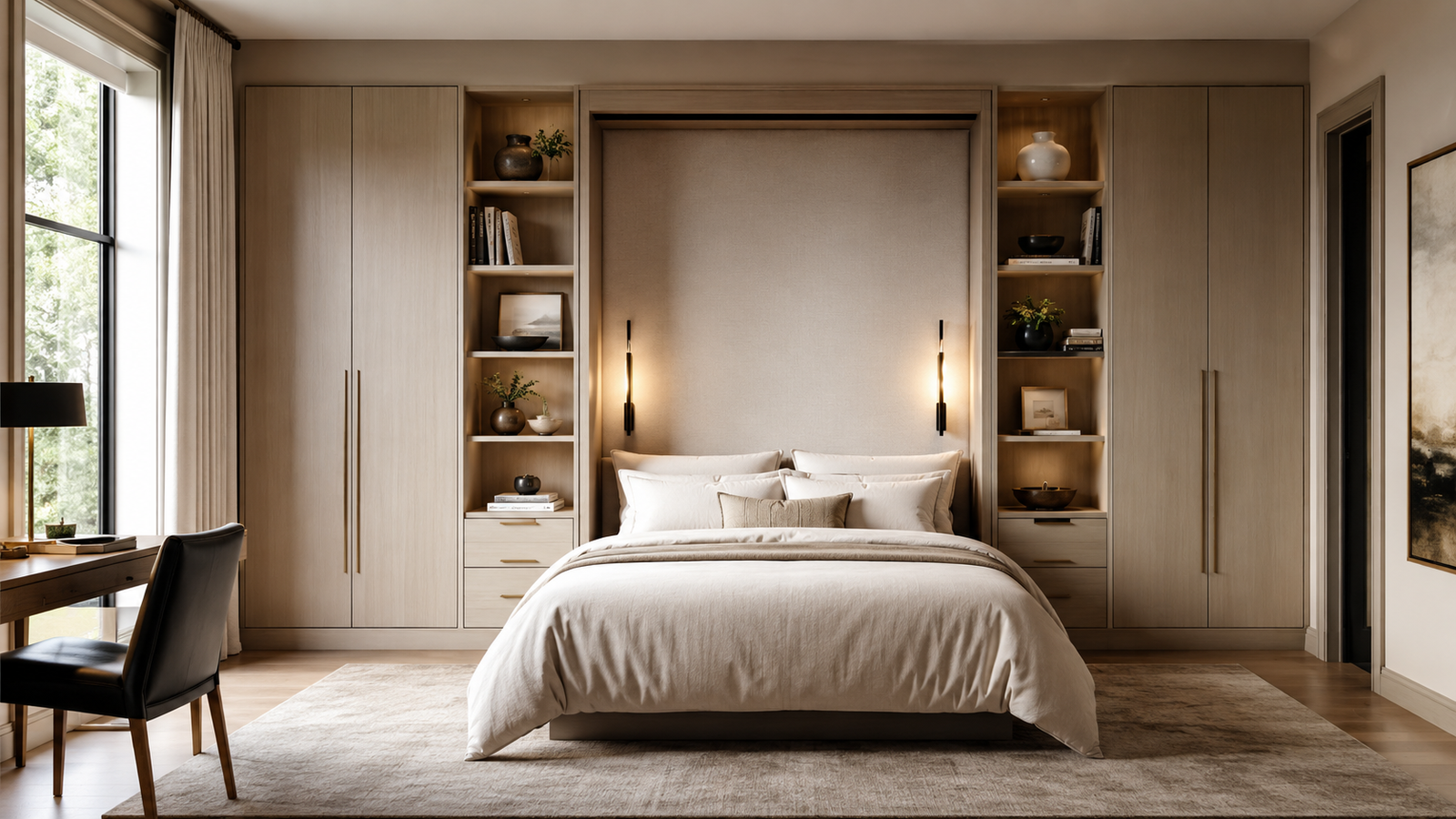 Built-in Murphy wall bed folded down between matching wardrobes in a multi-purpose room
