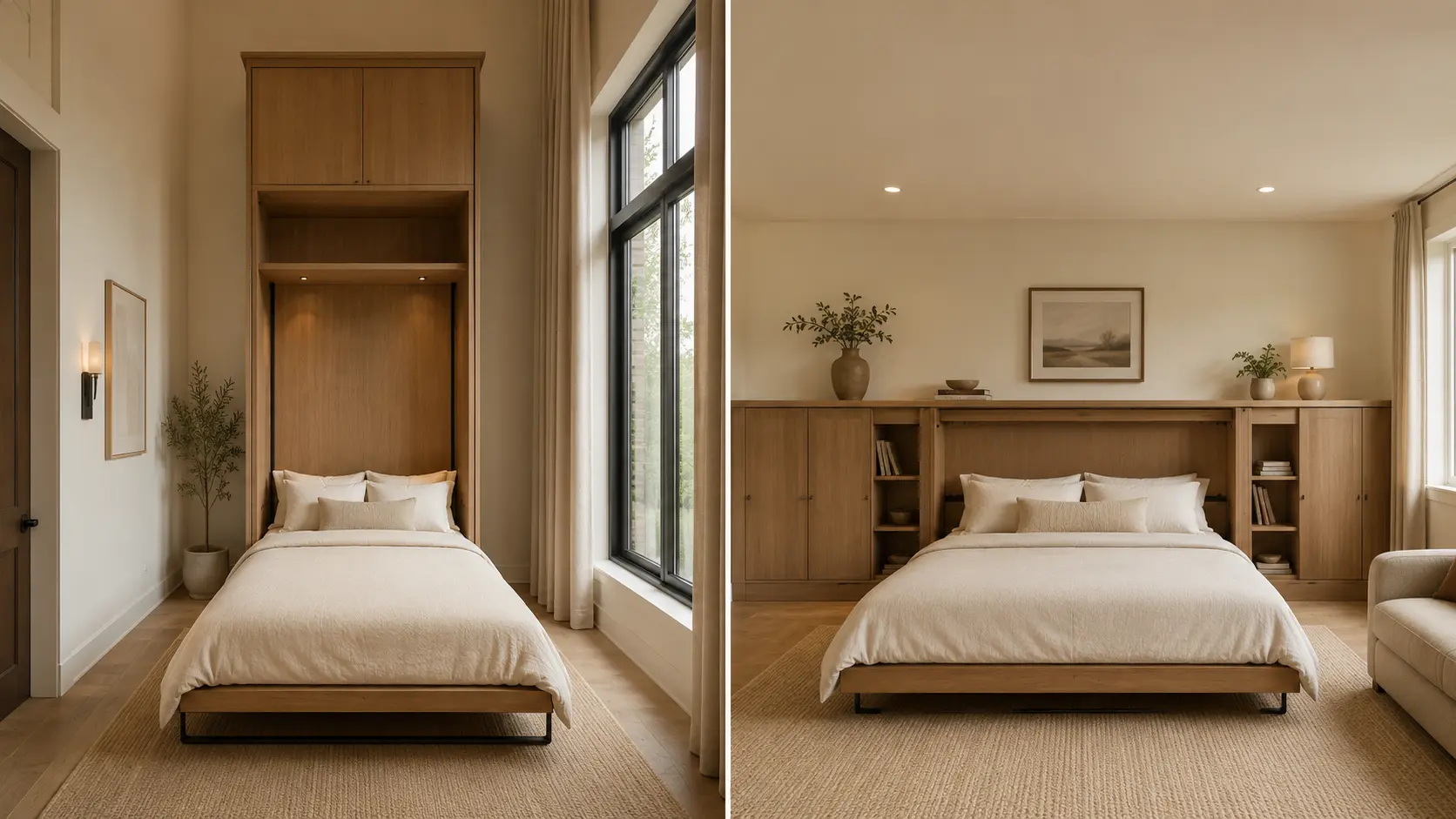 Vertical wall bed projecting into the room compared with a horizontal wall bed