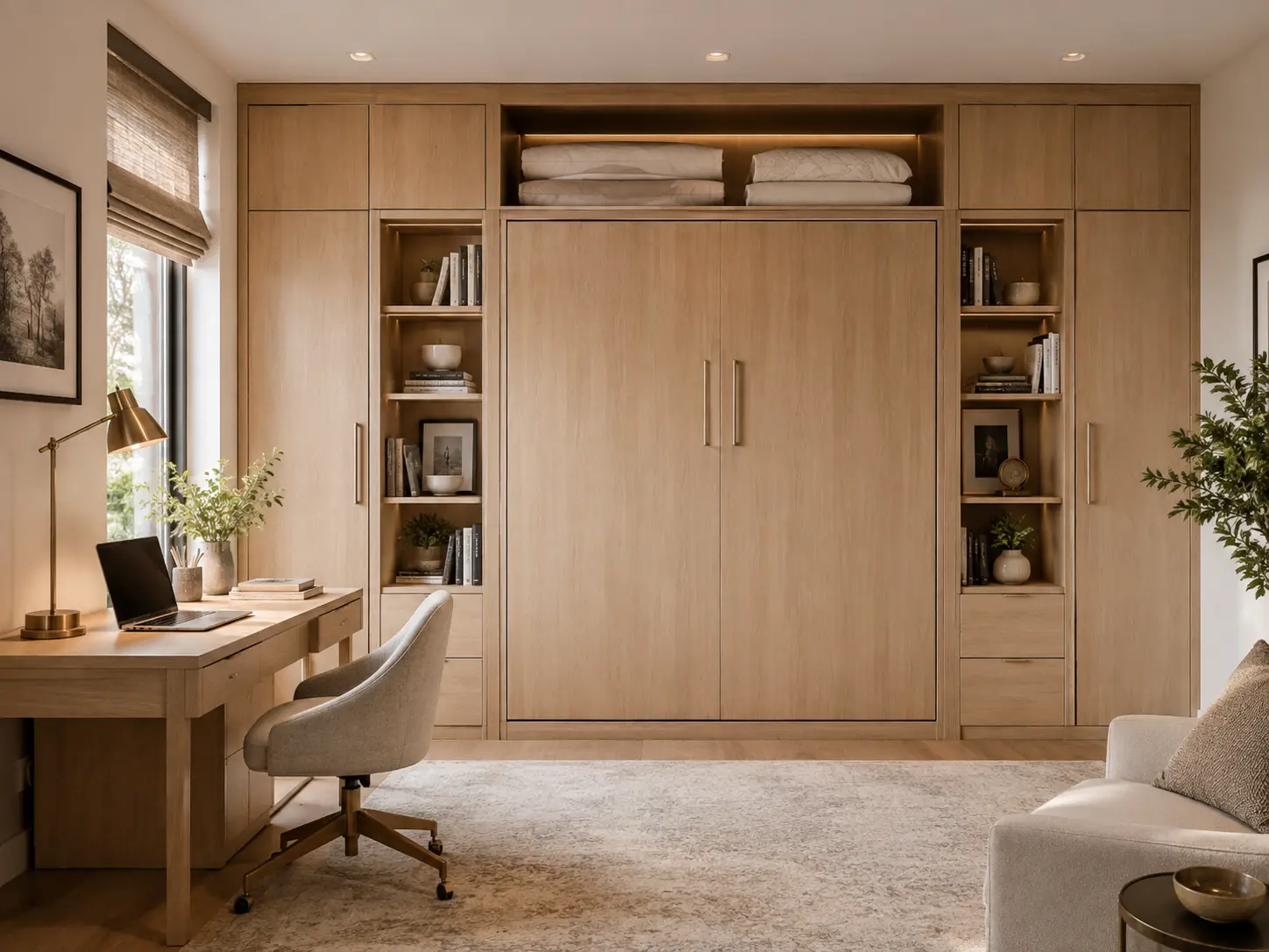 Home office with a closed wall bed cabinet and a separate desk to one side