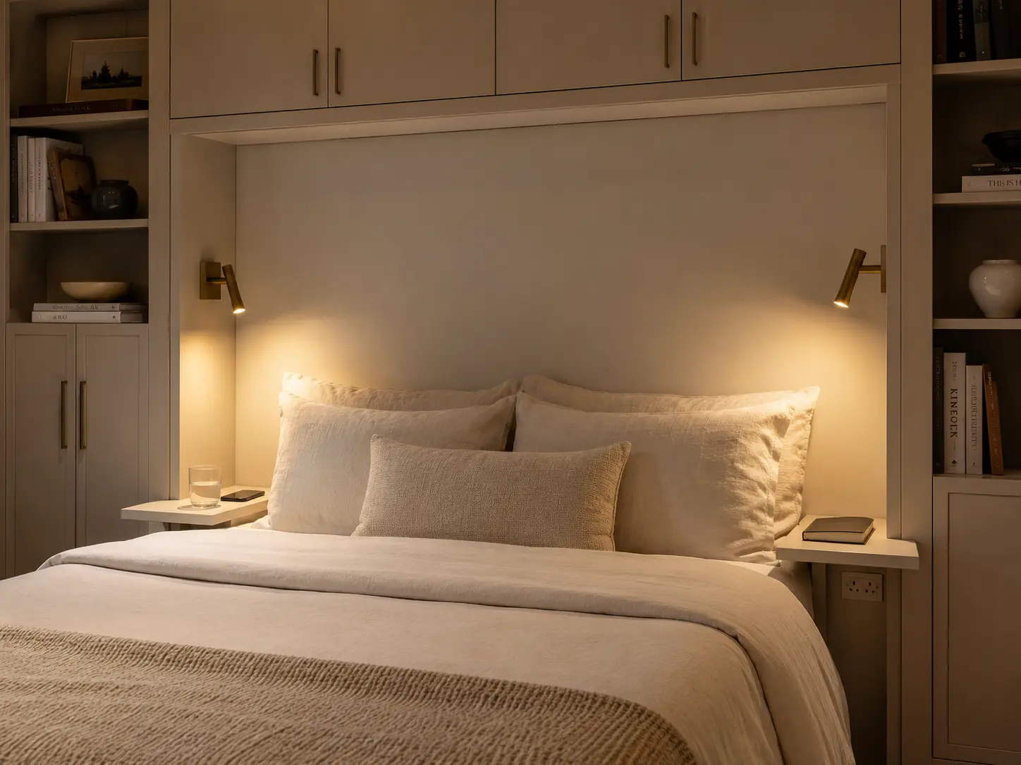 Wall bed with built-in bedside shelves, reading lights and open shelving either side