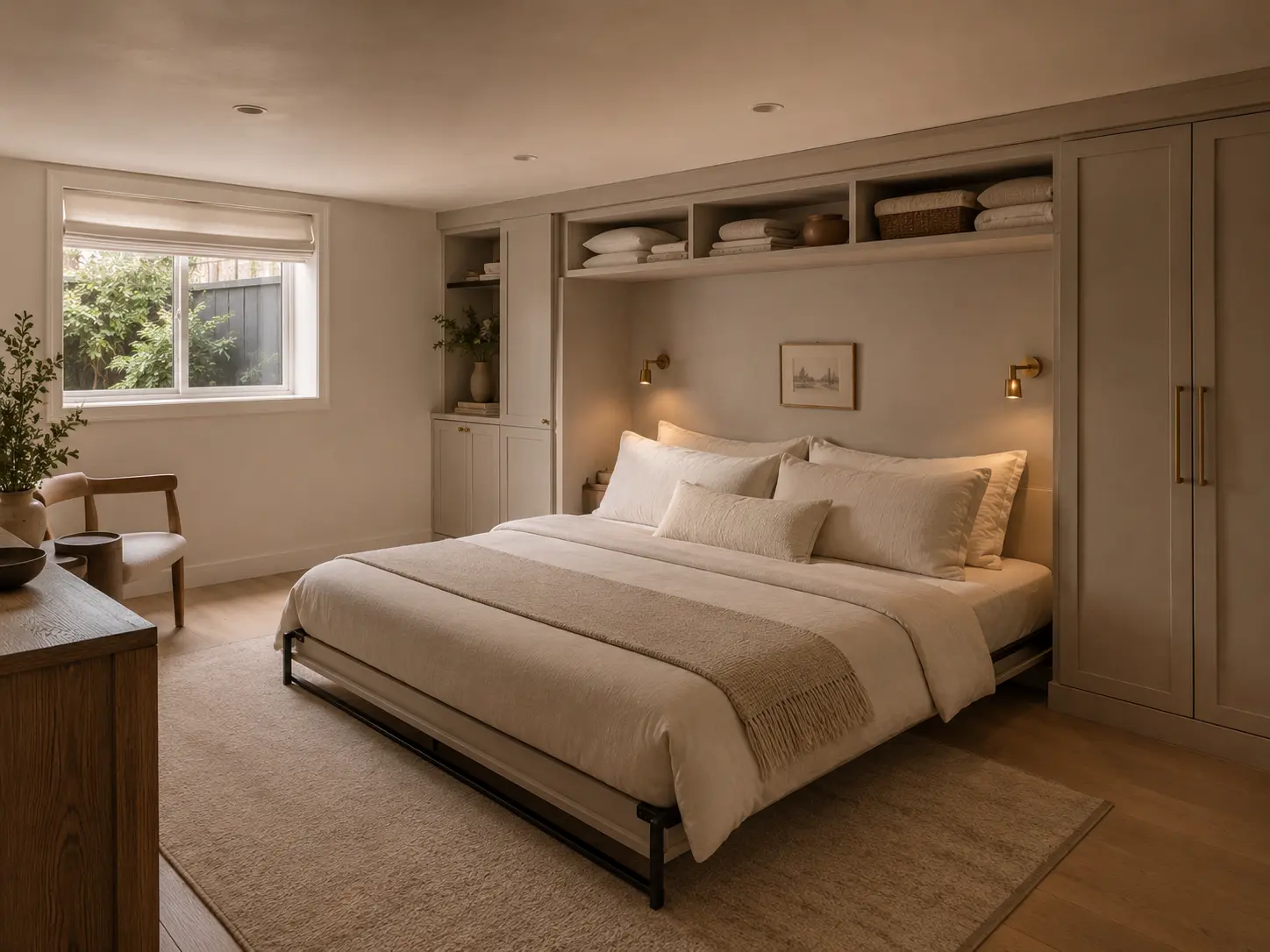 Basement guest room with a horizontal wall bed, flanking wardrobe and overhead storage