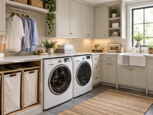 Modern laundry room with washer, dryer, folding counter and storage