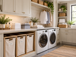 Laundry room with sorting hampers, folding counter and hanging rod