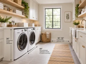 Laundry room layout showing washer clearance and walkway dimensions
