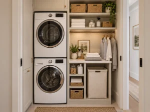 Compact laundry closet with stacked washer and dryer and vertical storage