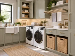 Laundry room storage with utility sink, drying rack and built-in cabinets